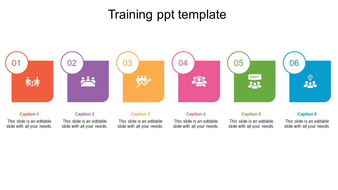 Six-step training process template with rounded rectangles in bright colors, numbered and labeled with captions areas.