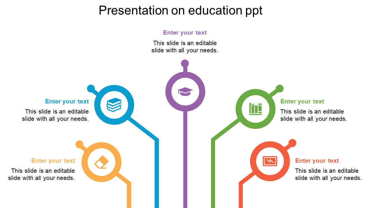 Education PPT slide featuring colorful icons with captions and placeholder text on a white backdrop.