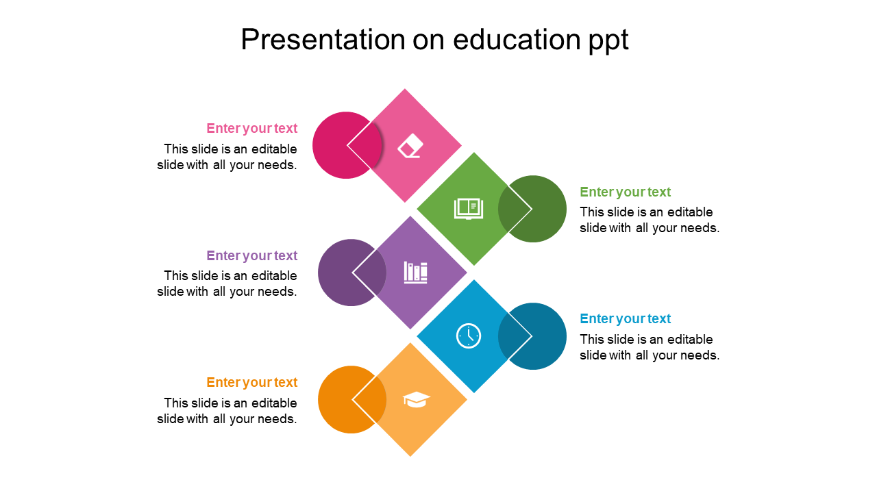 Colorful education presentation template featuring sections for text and icons on learning.