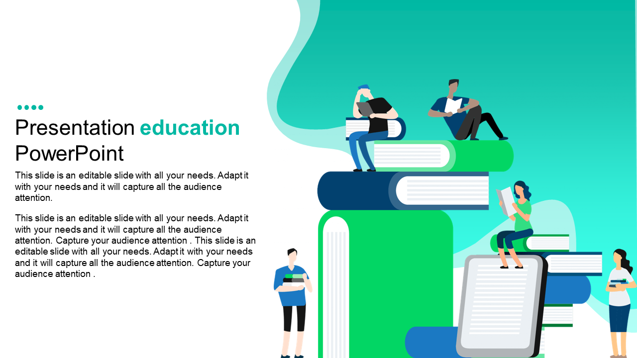 Education slide with illustrations of people sitting on stacks of books, on a green gradient background.