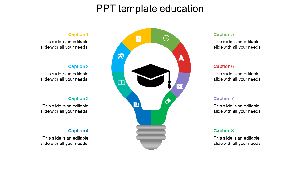 Education-themed lightbulb infographic with a graduation cap, eight colored segments, and placeholders text area.