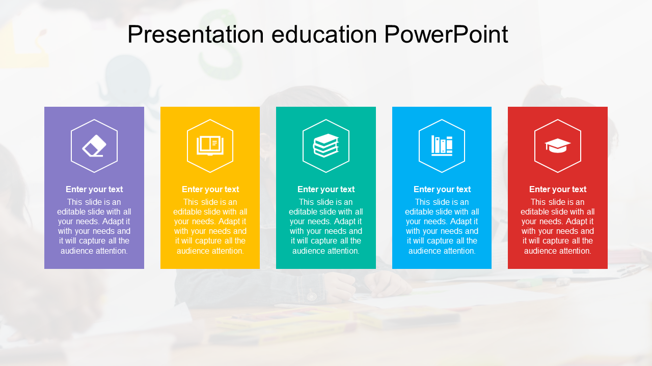 Colorful education PowerPoint slide with five sections, each featuring an icon with placeholder text.