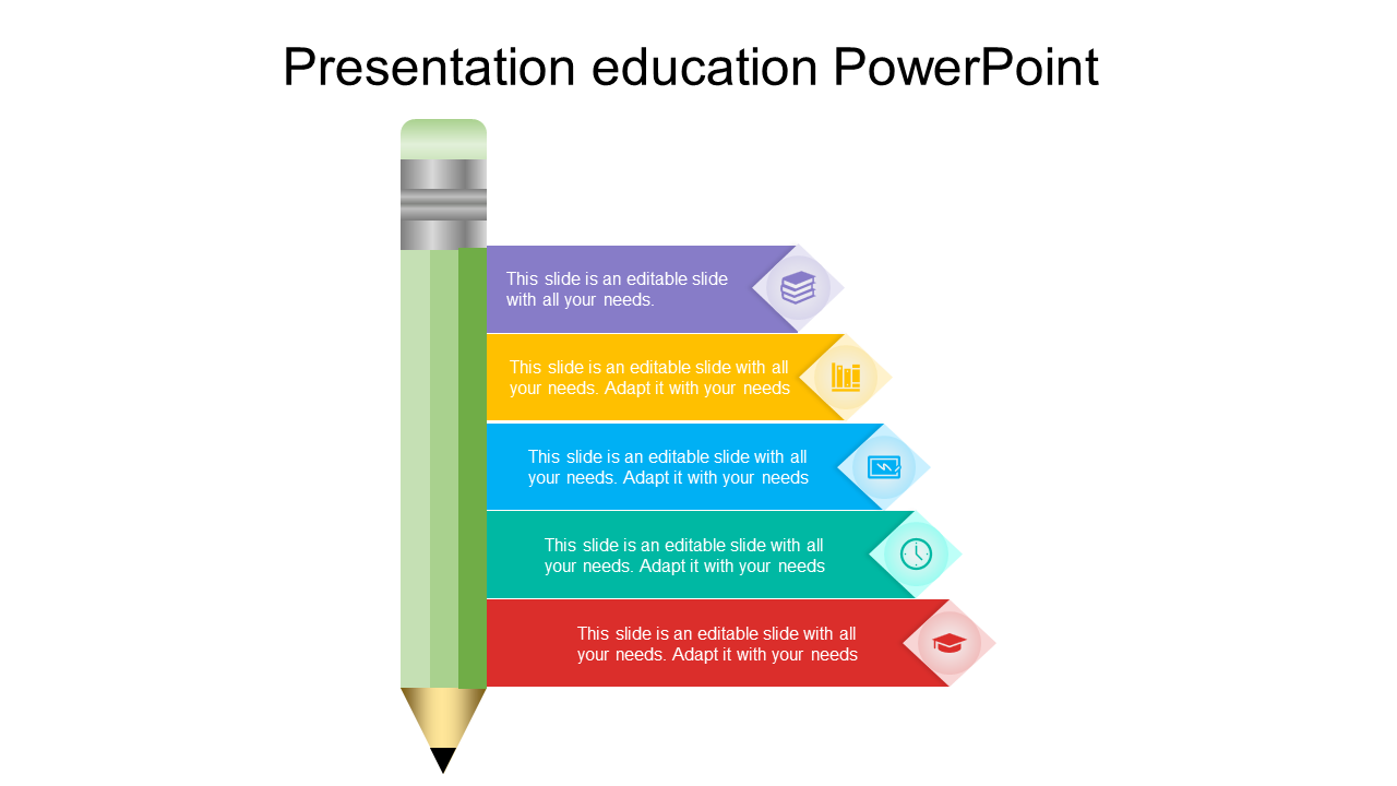 Creative education presentation template with a pencil design and five colorful arrows displaying  content areas.