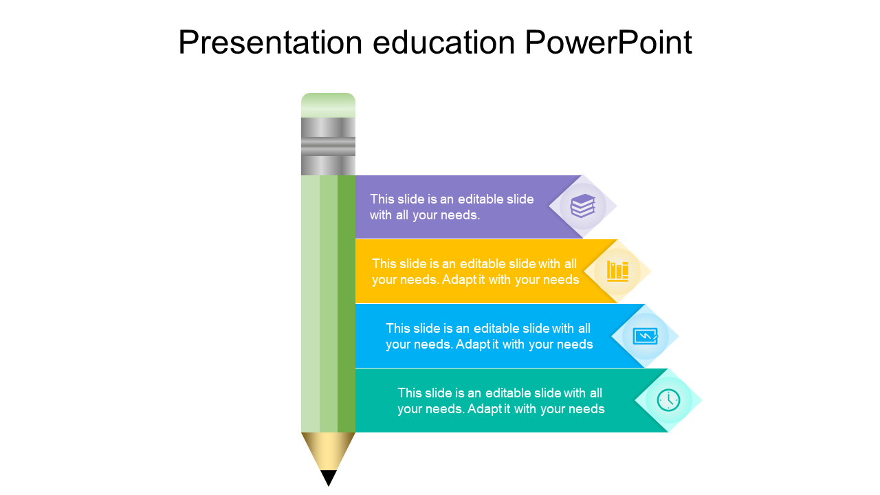 Education slide featuring a pencil graphic, paired with four horizontal text sections in purple, yellow, blue, and green.