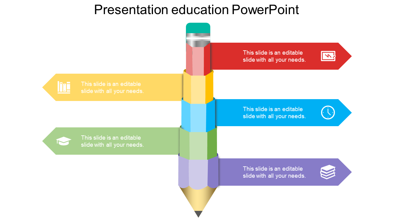 Colorful education themed PowerPoint slide with a pencil and labeled sections for various icons with placeholder text.