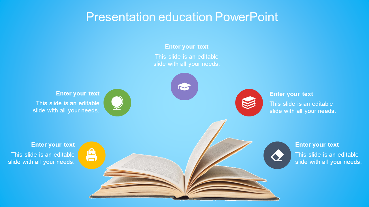 Educational slide featuring an open book at the bottom with five colorful icons for text input on a blue backdrop.