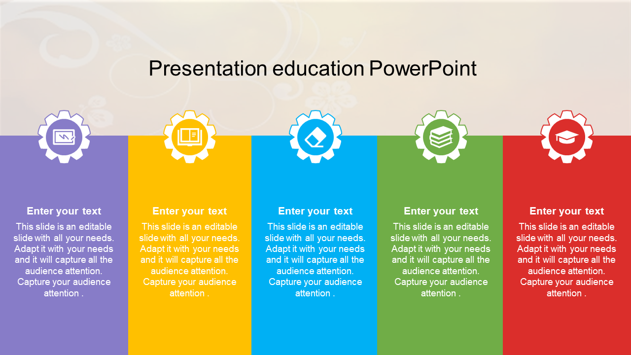 Education slide with five rectangular blocks in purple, yellow, blue, green, and red, each with icons, and space for text.