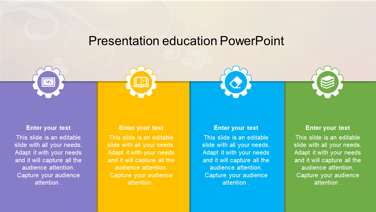 Horizontal layout with purple, yellow, blue, and green blocks, each containing an icon and text space.