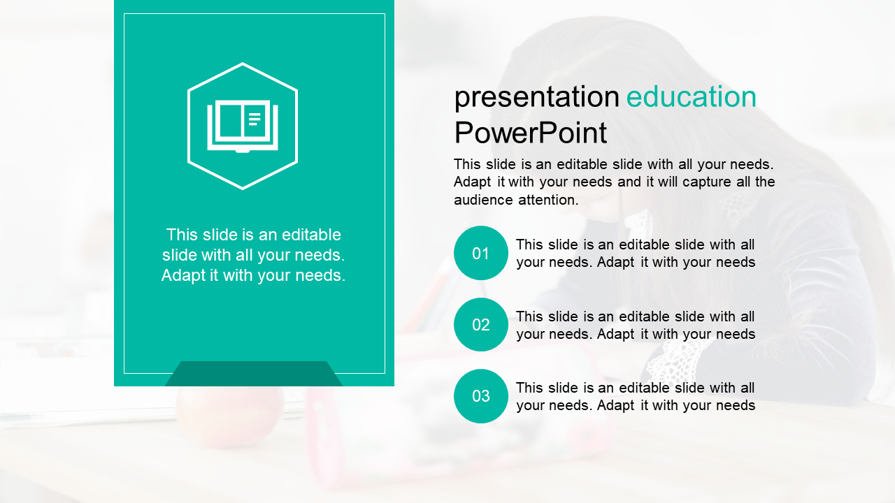 Clean and modern education PowerPoint slide with a book icon on a teal backdrop, and numbered placeholder text sections.