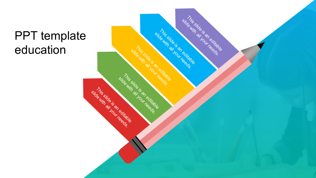 Education PowerPoint slide with five sections in different colors, arranged in the shape of a pencil with icons.