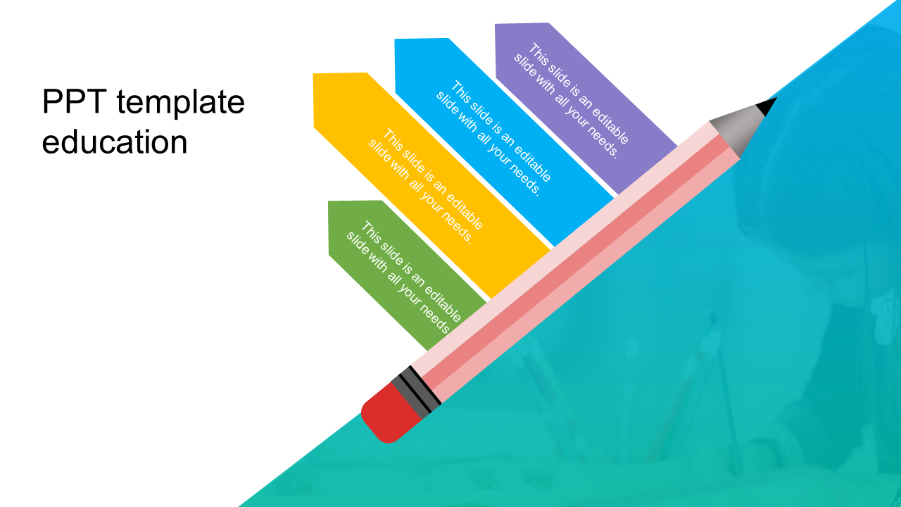 Education slide with arrows in green, yellow, blue, and purple, beside a pink pencil graphic, on a white and teal backdrop.