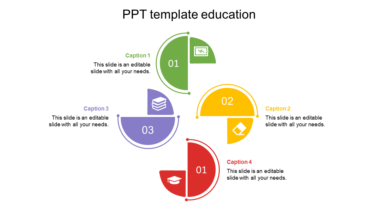 Colorful education PowerPoint template with four sections in the shape of pie charts with captions and placeholder text.