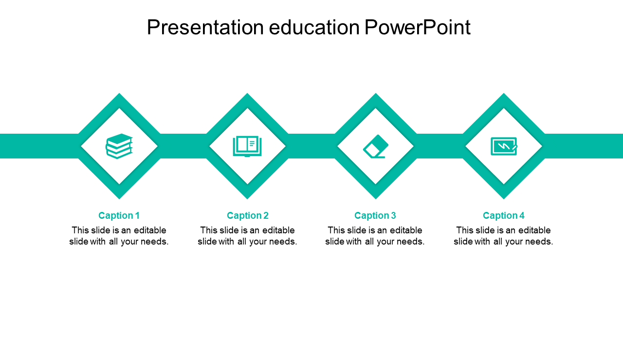 Professional education PowerPoint slide with icons and teal colored diamond shapes with captions and placeholder text.