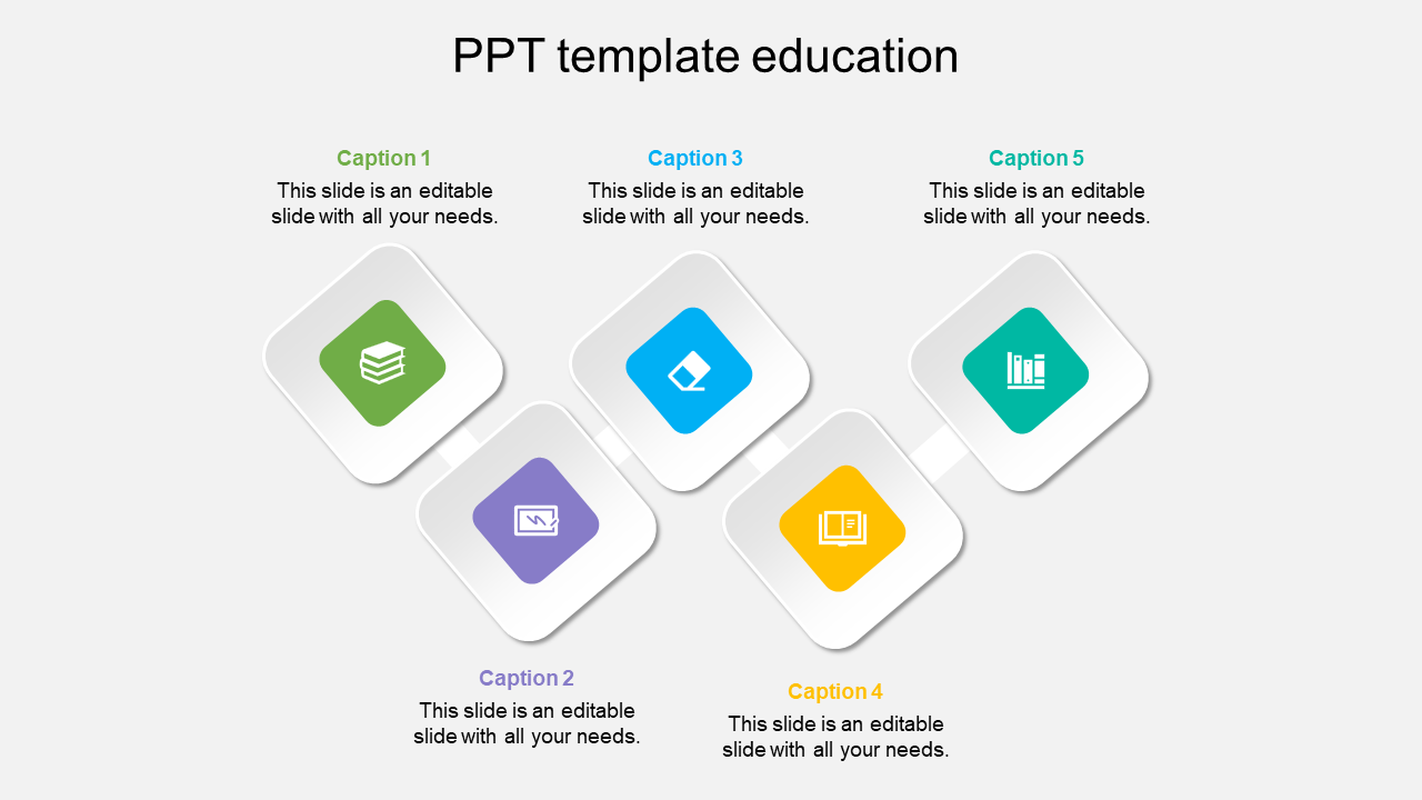 Education PowerPoint slide with five sections, each with a vibrant icon with captions on a white theme.