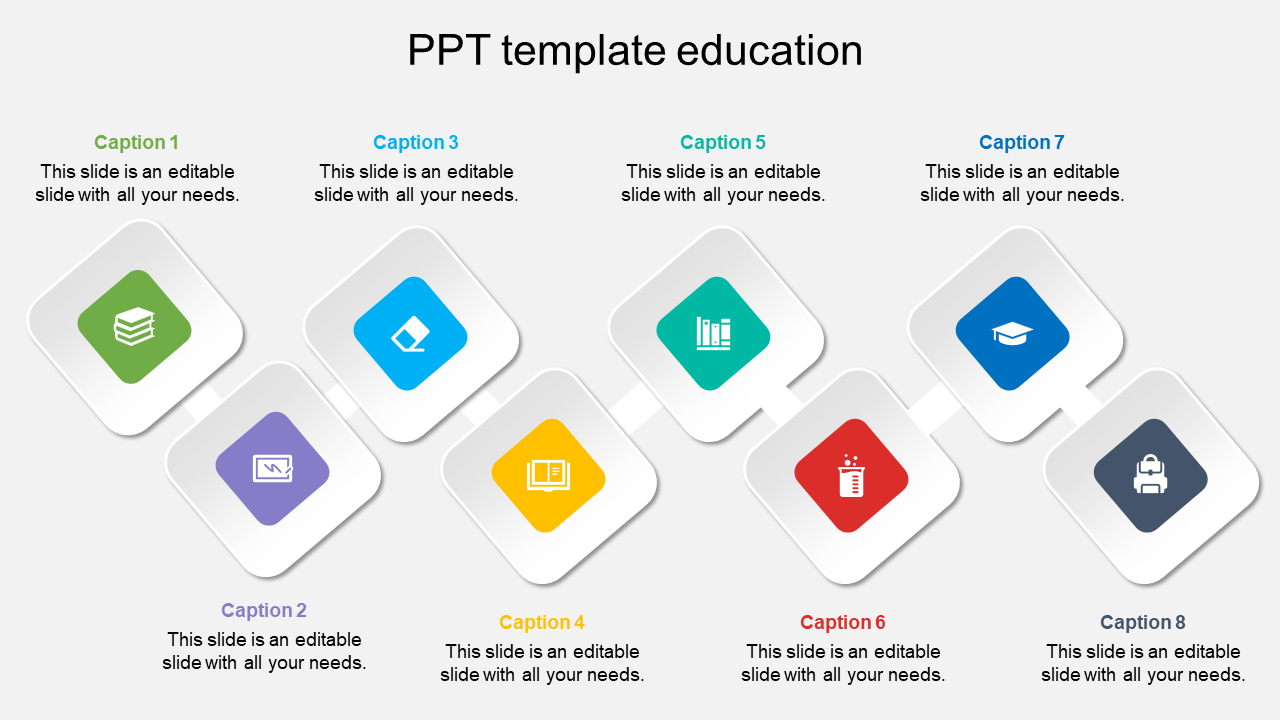 Education themed PowerPoint slide with eight sections, each displaying an icon with captions on a white backdrop.