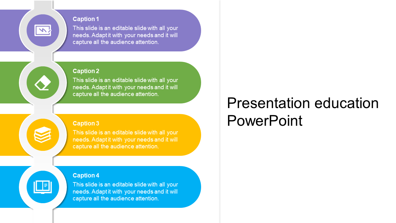 Education slide with four vertical blocks in purple, green, yellow, and blue, each with an icon and text.