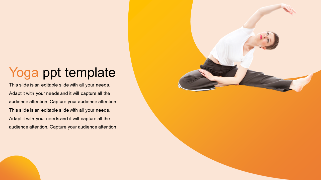 Yoga slide with woman stretching on the right over a curved orange gradient shape, with text on the left.