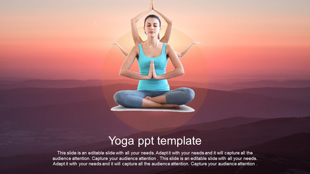 Woman in seated yoga pose with multiple arms symbolizing balance, set against a serene sunset background.