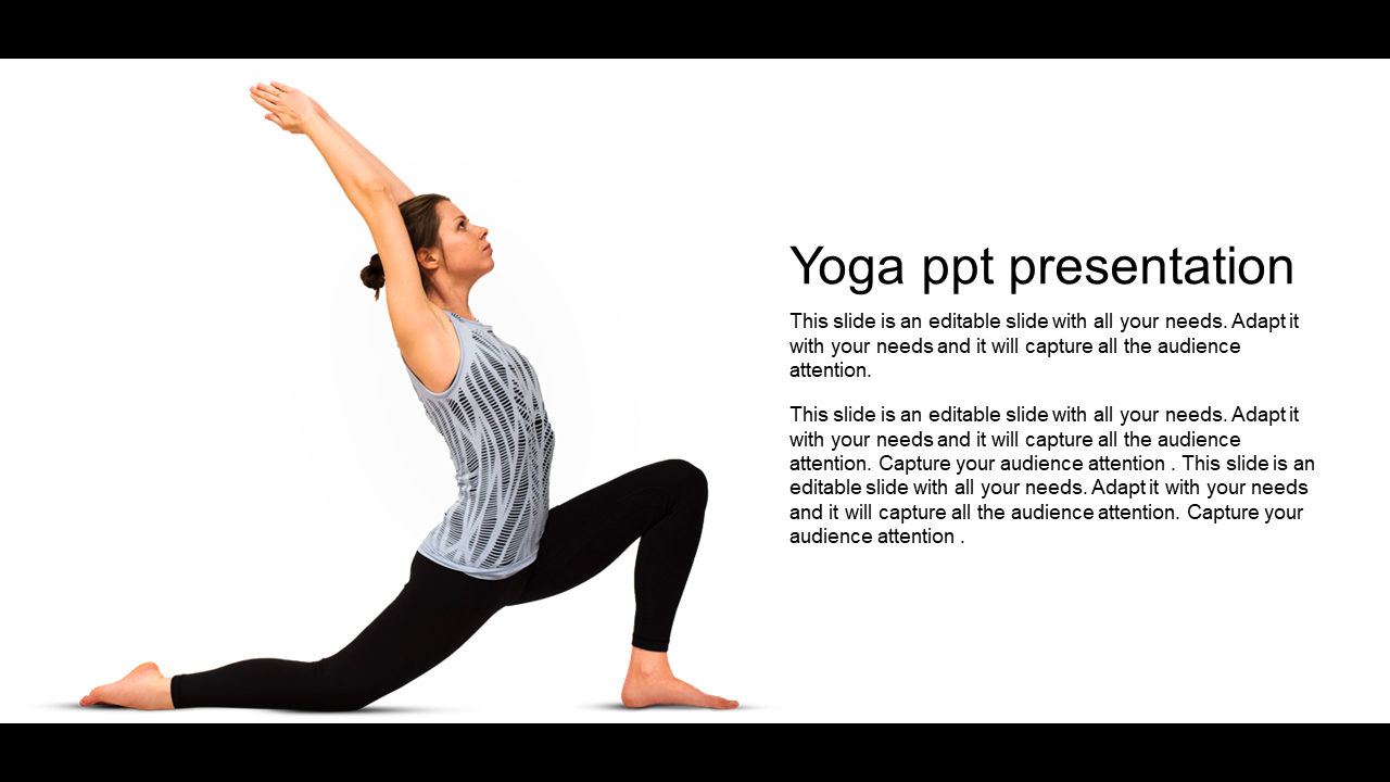 Yoga slide with a person in a lunge pose on a white background, paired with text on the right side.