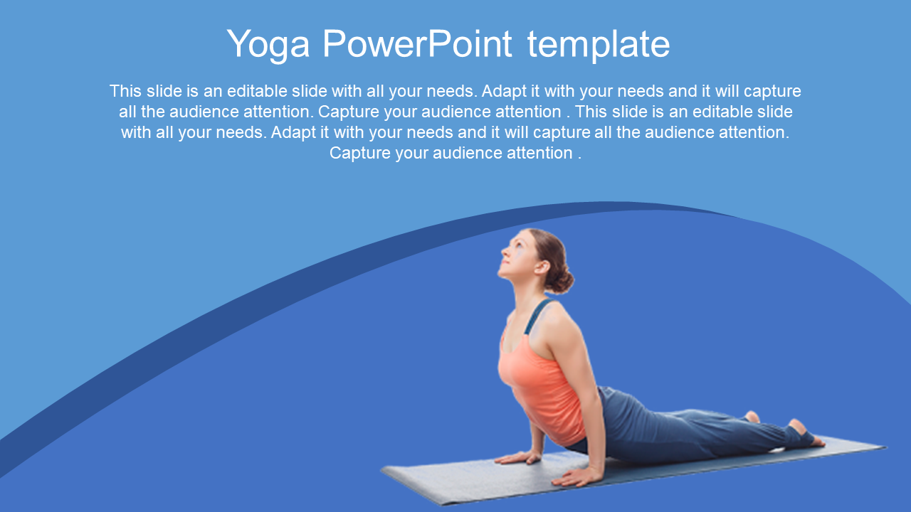 Yoga themed slide with a curved blue layout, highlighting a woman performing a stretching posture on a mat.