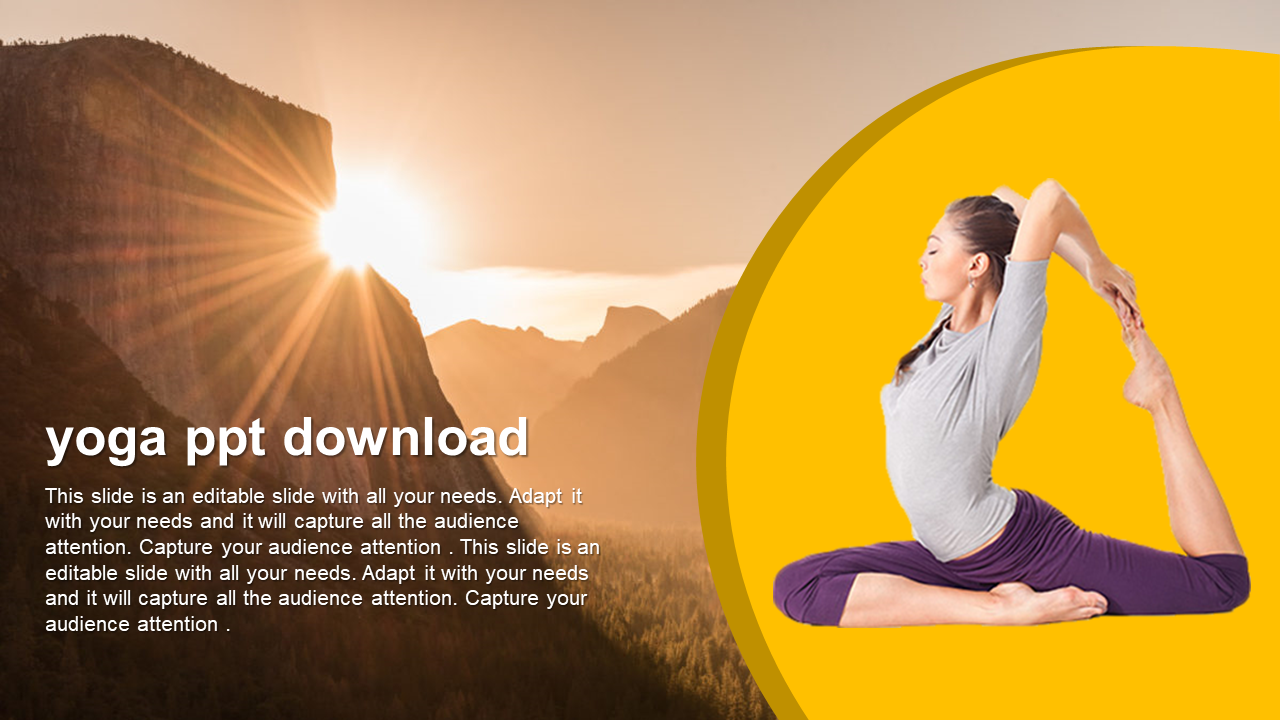 Yoga slide with a yellow circle framing a person doing a yoga pose against a scenic mountain backdrop.