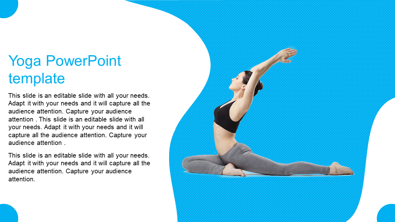 Yoga slide with a woman in a stretching pose, on a curved blue dotted background, and text on the left white area.