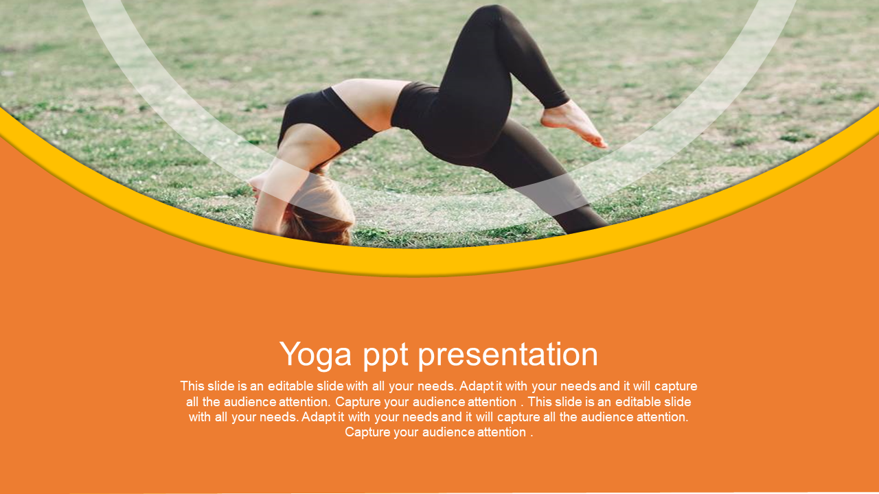 Slide with an orange background, featuring a woman in a yoga pose on a grassy field, in a circular cutout at the top.