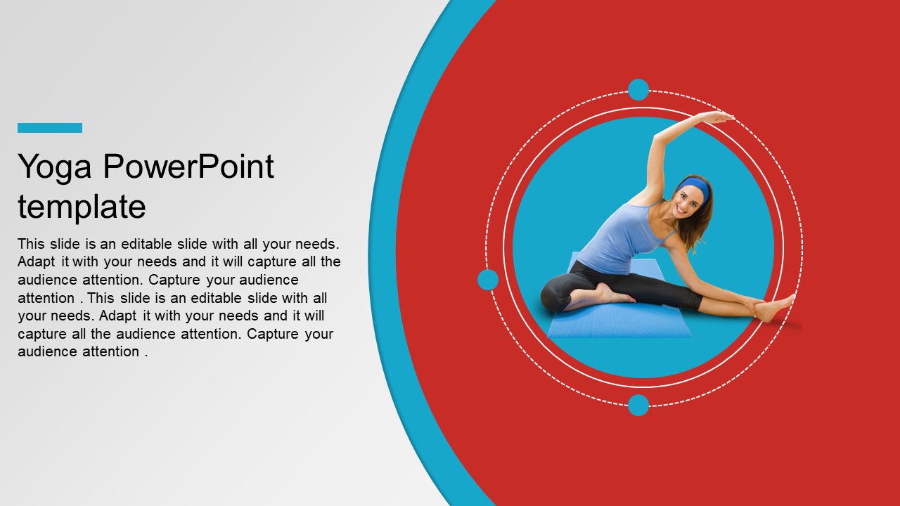 Yoga PowerPoint slide featuring a woman performing a side stretch pose on a yoga mat, surrounded by a red circular design.