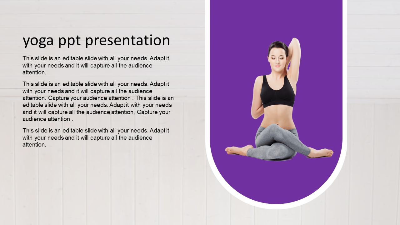 Yoga presentation slide featuring a woman in a seated yoga pose on a purple background, with captions areas.