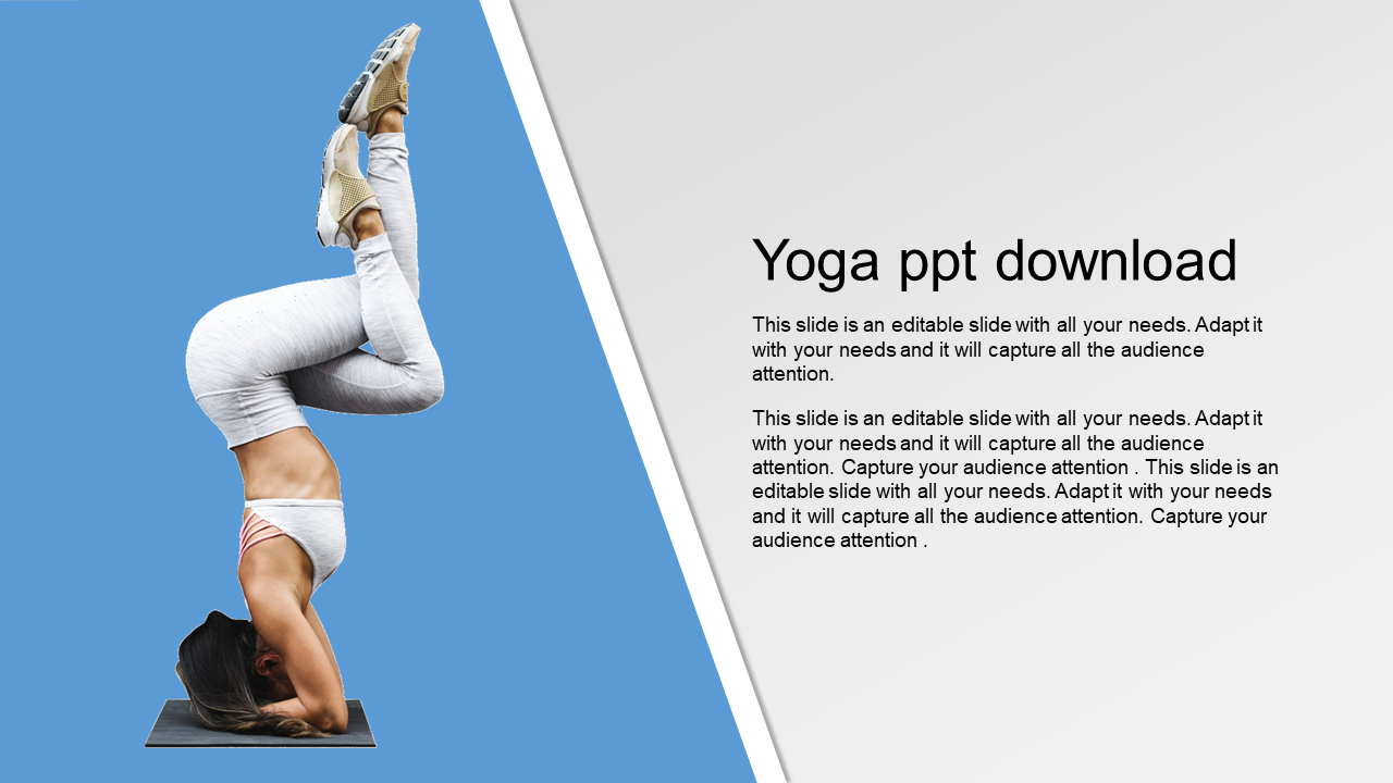 A PowerPoint slide for Yoga with an image of a person doing a headstand, accompanied by a description and caption.