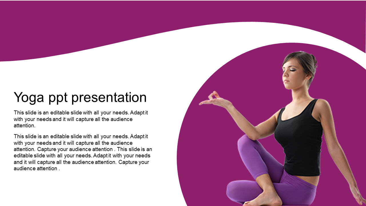 Yoga PPT presentation slide with a person in a meditative pose, demonstrating balance and tranquility on a purple theme.