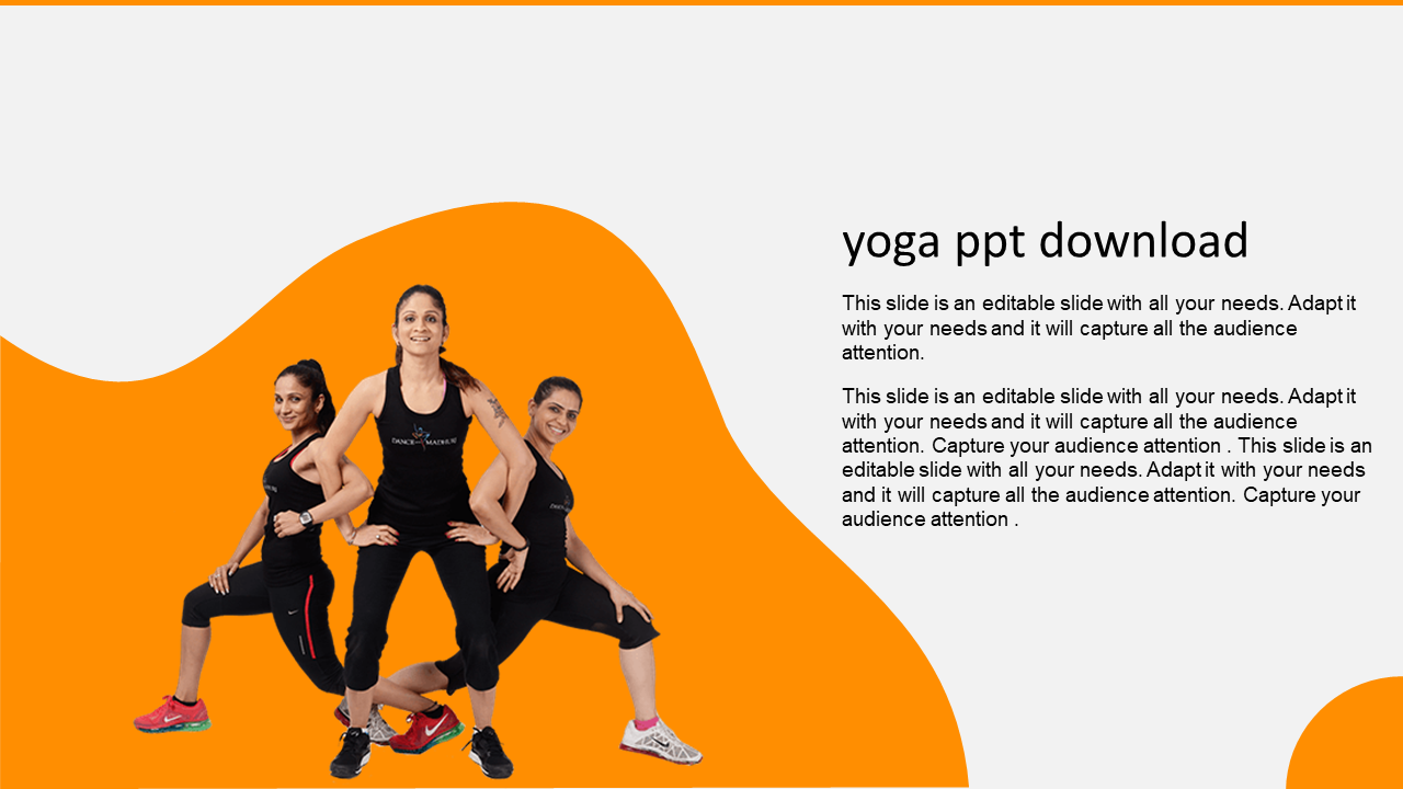 Yoga-themed slide featuring a group of women in fitness attire, with an abstract orange shape and placeholder text areas.