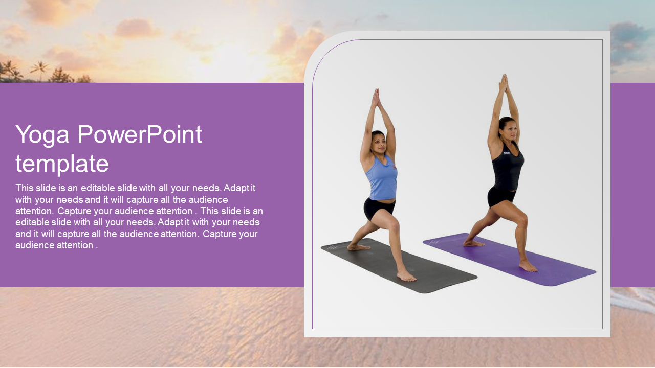 Yoga PowerPoint slide featuring two women performing yoga poses on mats, with a purple background and text on the left.