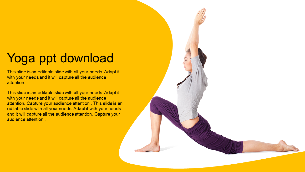 Yoga-themed slide featuring a woman in a deep lunge pose, with a curved yellow section containing placeholders text.