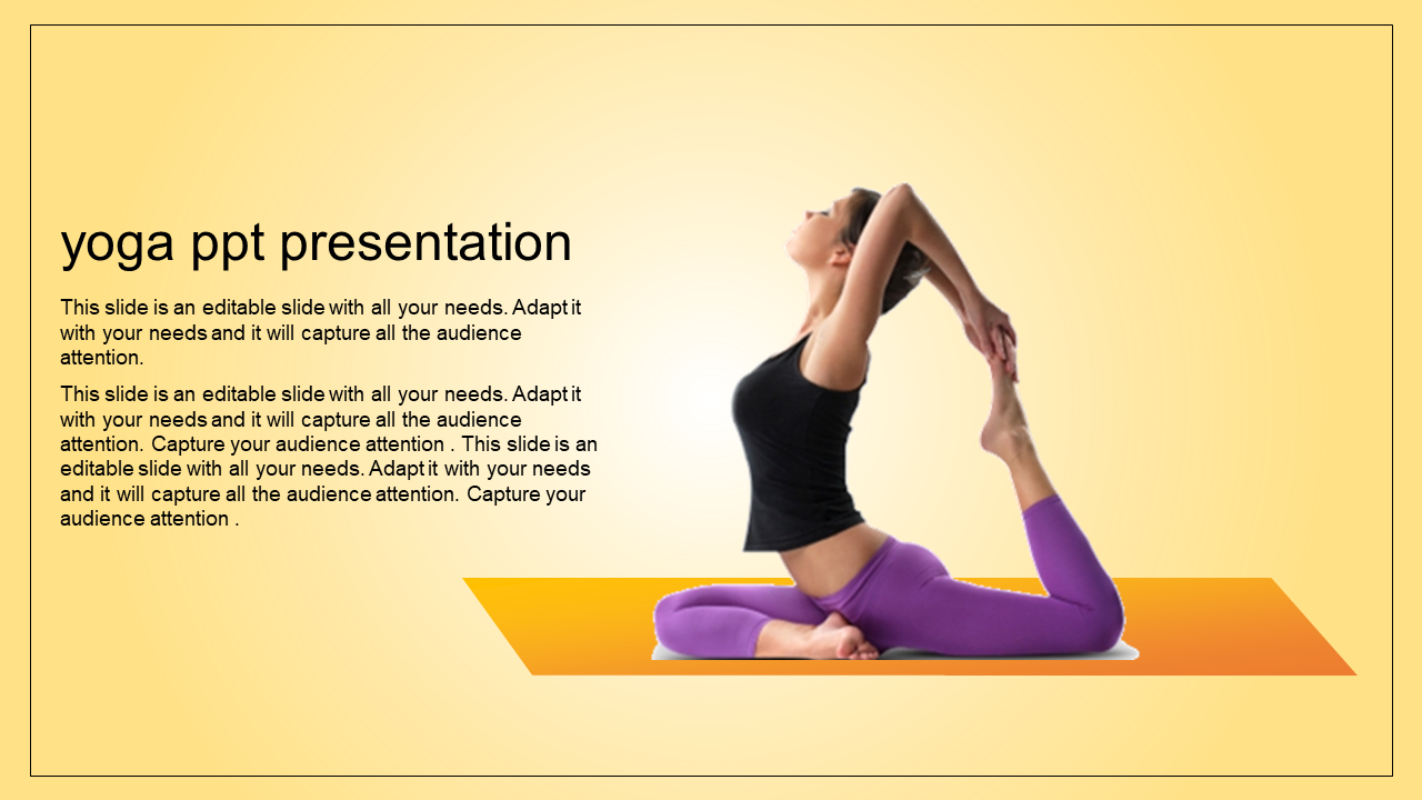 Yoga slide with a woman performing a pose and text area for content on a yellow background.