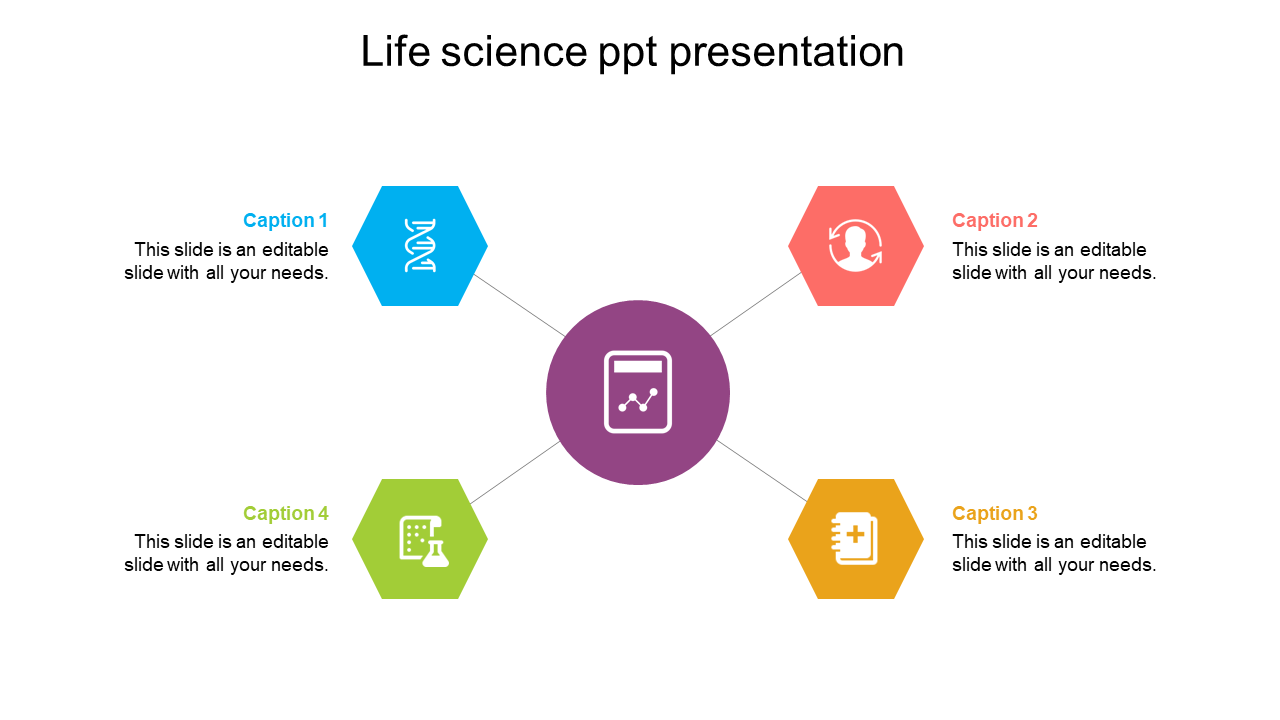 Life science PowerPoint template showing various interconnected colorful icons representing biology, research, and health.