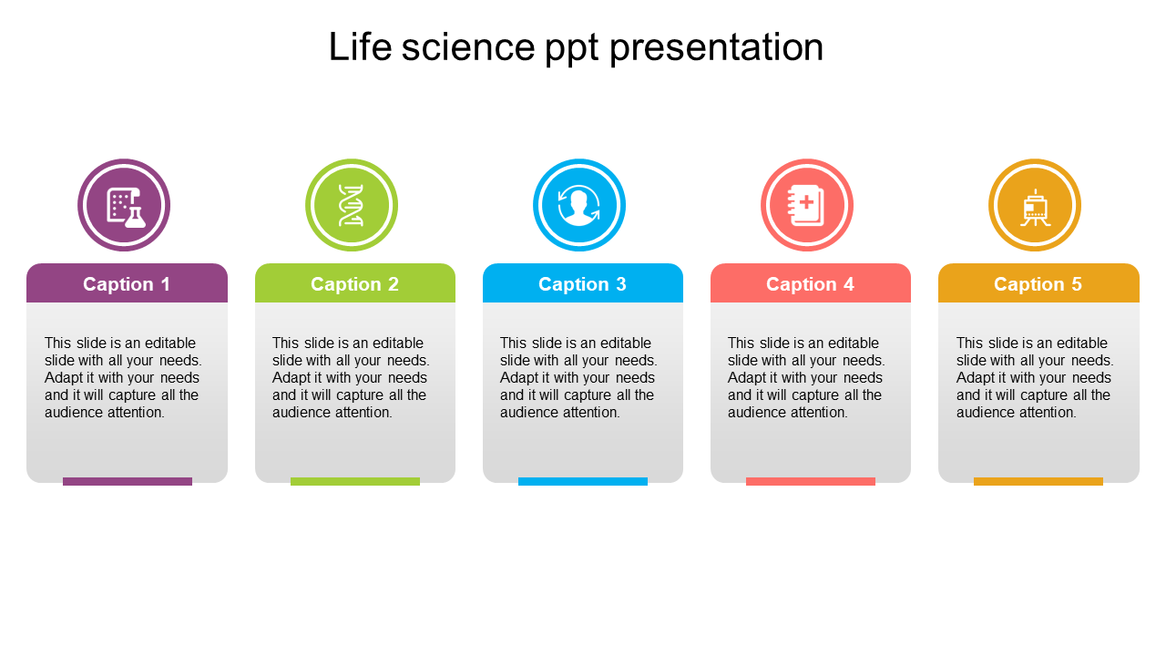 Life science PowerPoint presentation design featuring five colorful sections with icons for each theme.