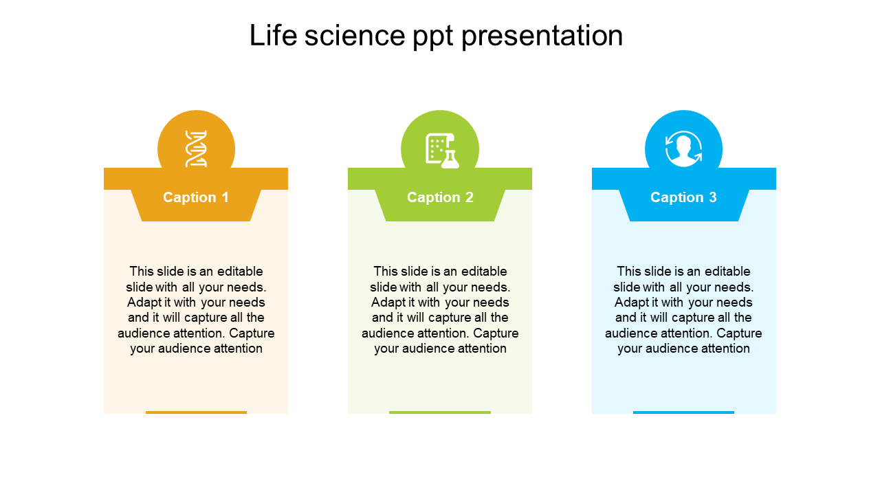 Life science PowerPoint slide with colorful boxes featuring icons for DNA, science, and a person with placeholder text.