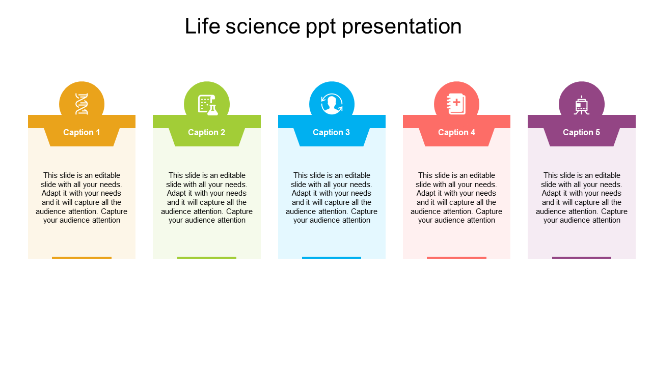 Life science PPT slide with five sections, each containing a colorful icon with placeholder text on a white backdrop.