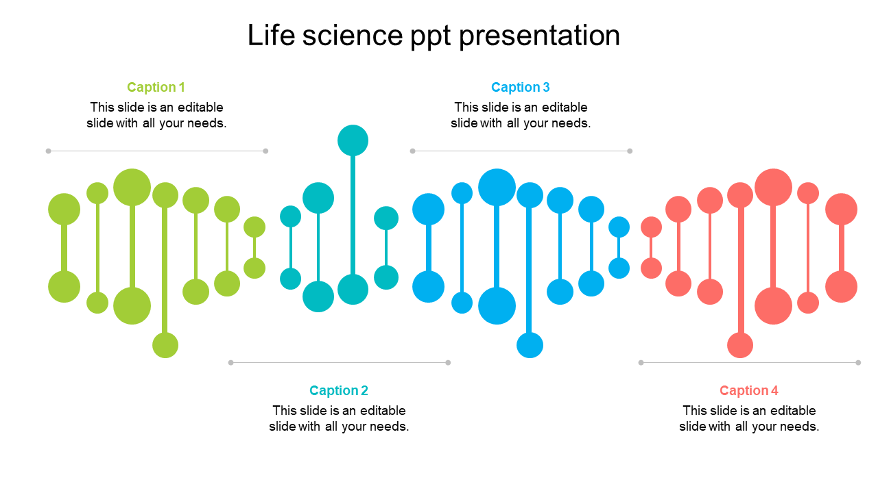 Life science PPT slide features a colorful DNA inspired infographic in green, blue, and red with captions.