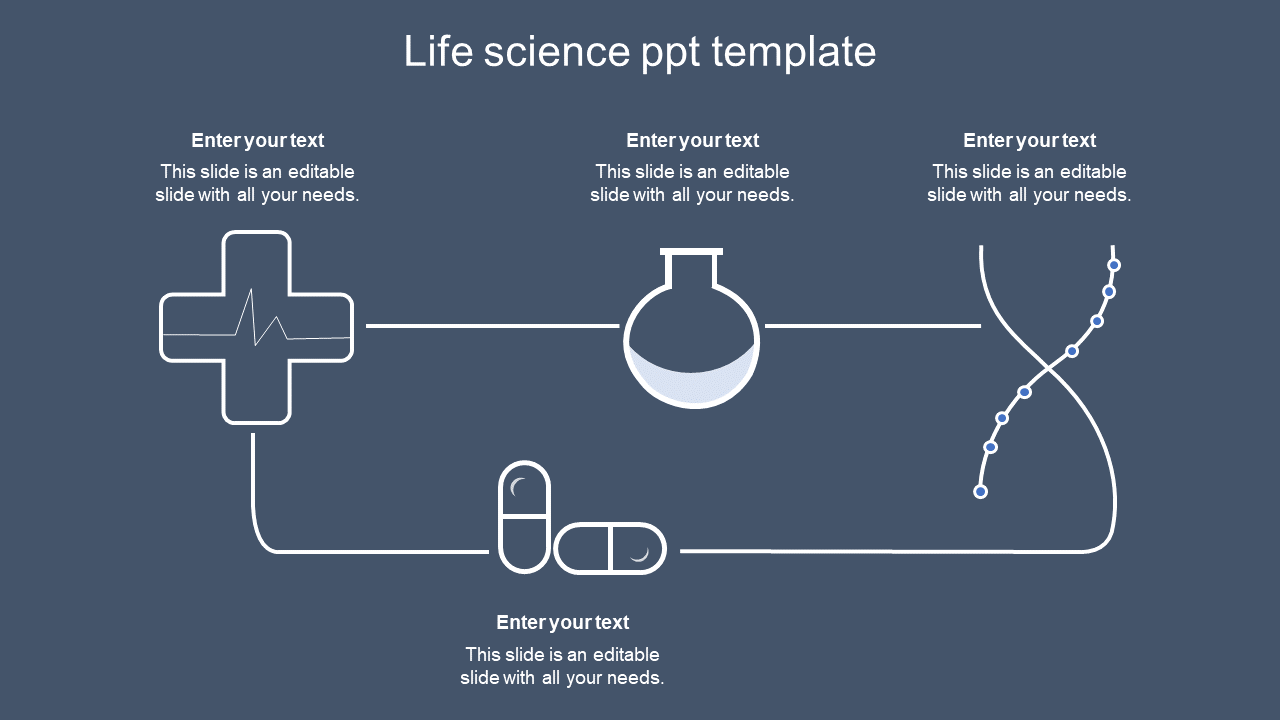 Life science PPT slide featuring sections with icons for medical, science, and chemistry concepts like pills and DNA.