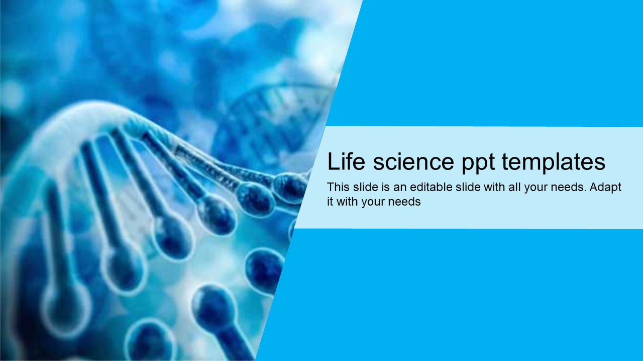 Life science slide showcasing a DNA themed scientific background with text sections on a blue backdrop.