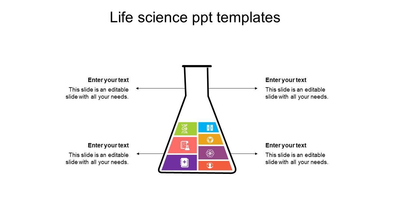 Life science slide with a segmented flask containing icons and editable text boxes on both sides.