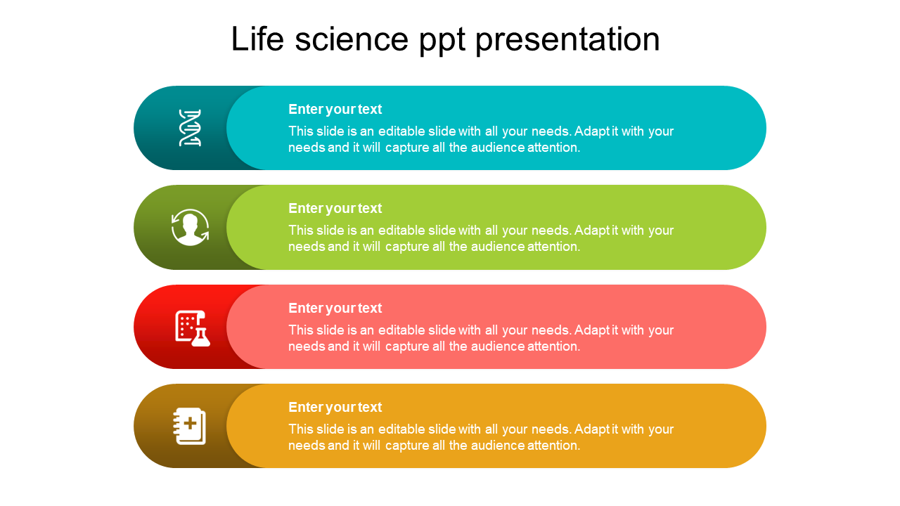 Four horizontal, rounded rectangles in blue, green, red, and yellow with science related icons and text.