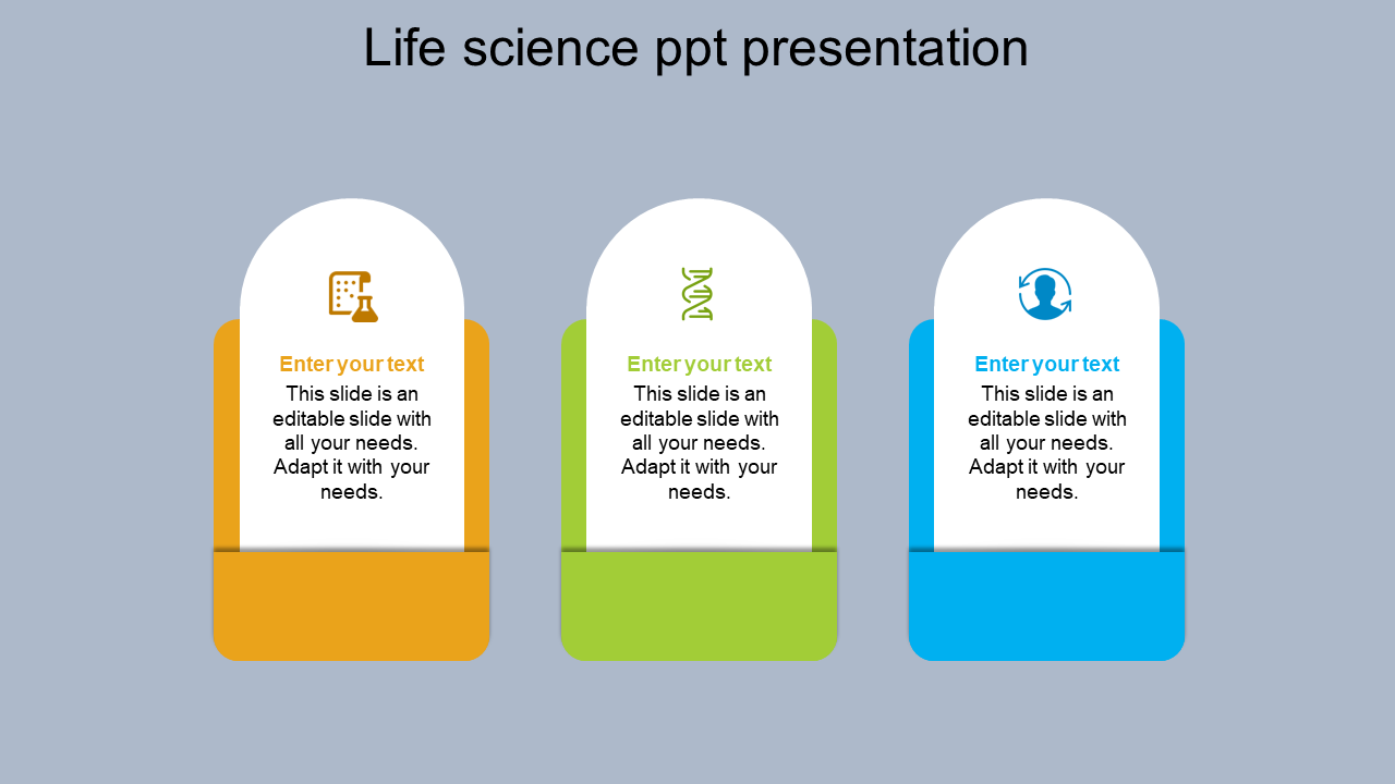 Three rounded rectangular sections in yellow, green, and blue with icons for life science, each with text.