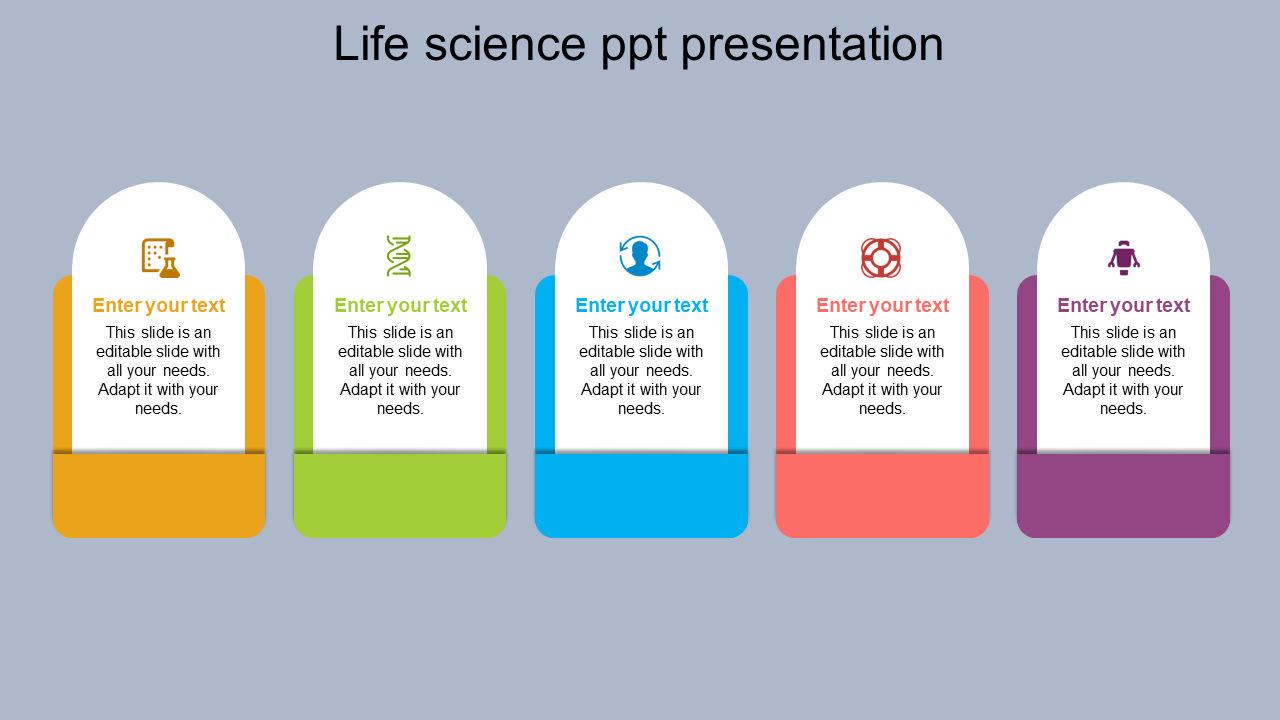 Life science slide featuring five rounded rectangular sections in different colors, each with an icon and caption area.