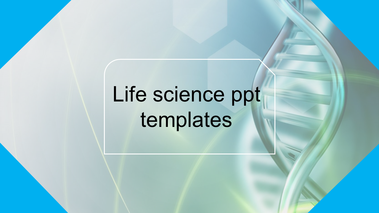 Life science template cover slide featuring a DNA strand and abstract design elements with a title in the centre.