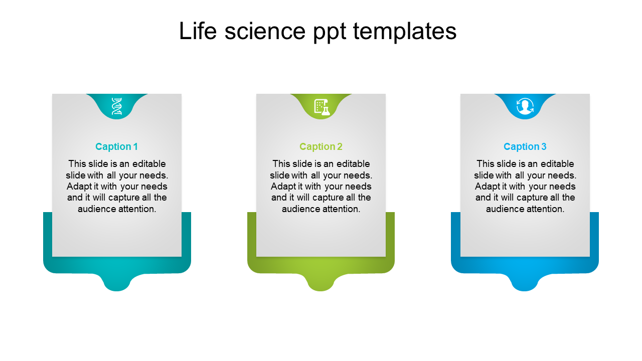 Life science PowerPoint slide with three sections featuring icons for DNA, science, and a recycling symbol with text.