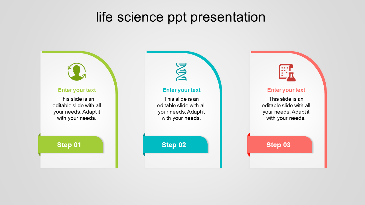 Life science PowerPoint slide with three steps, each featuring a colorful icon with placeholder text.