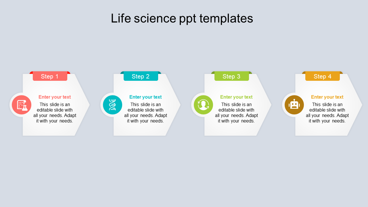 Life science PowerPoint template with four steps, each represented by colorful icons and text areas.